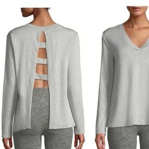 Beyond Yoga gray Lace-Up-Back top Pullover Sweatshirt long sleeve sz medium